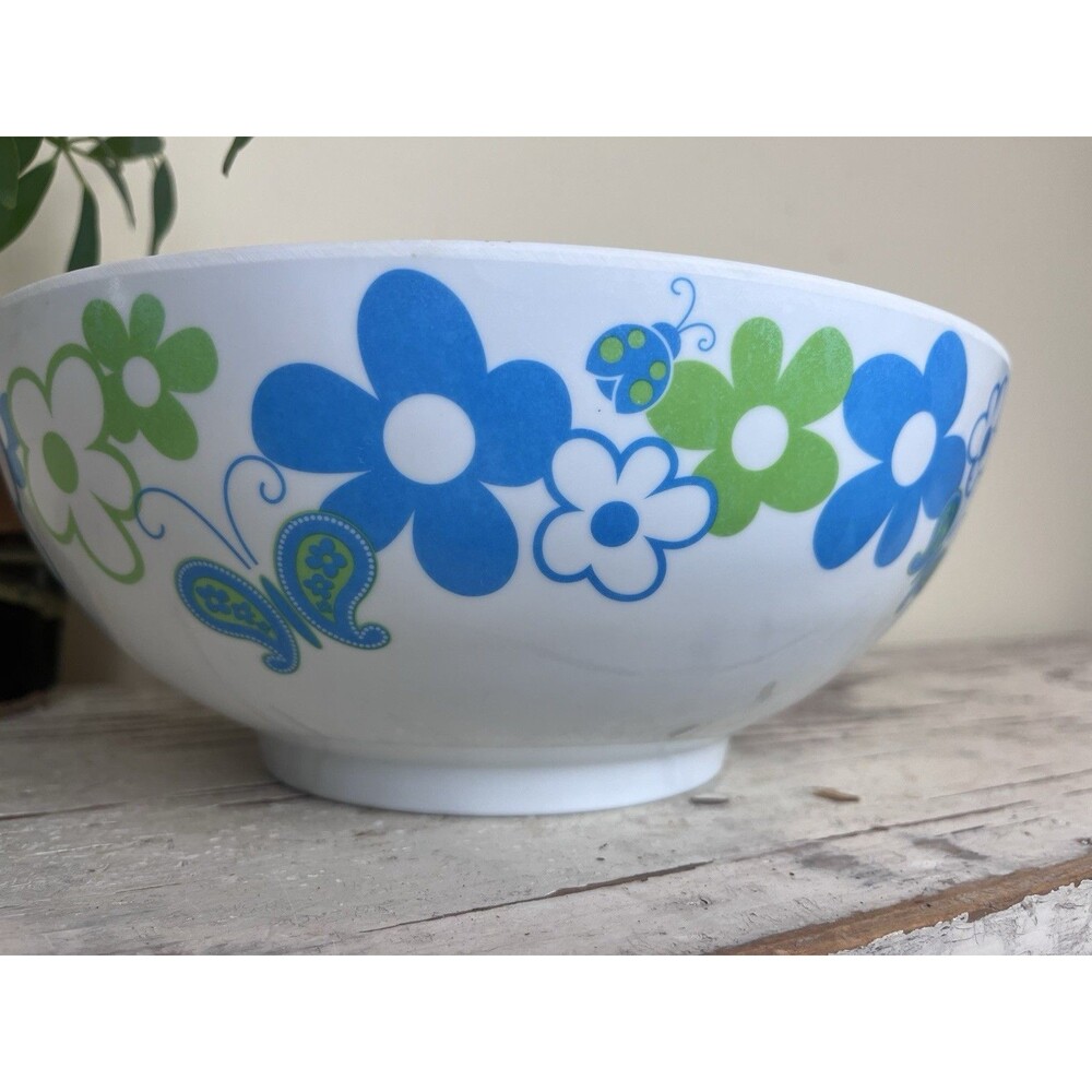 Vintage Whimsical Serving Bowl 70’s Vibe Butterflies Flowers Ladybugs 10” Retro